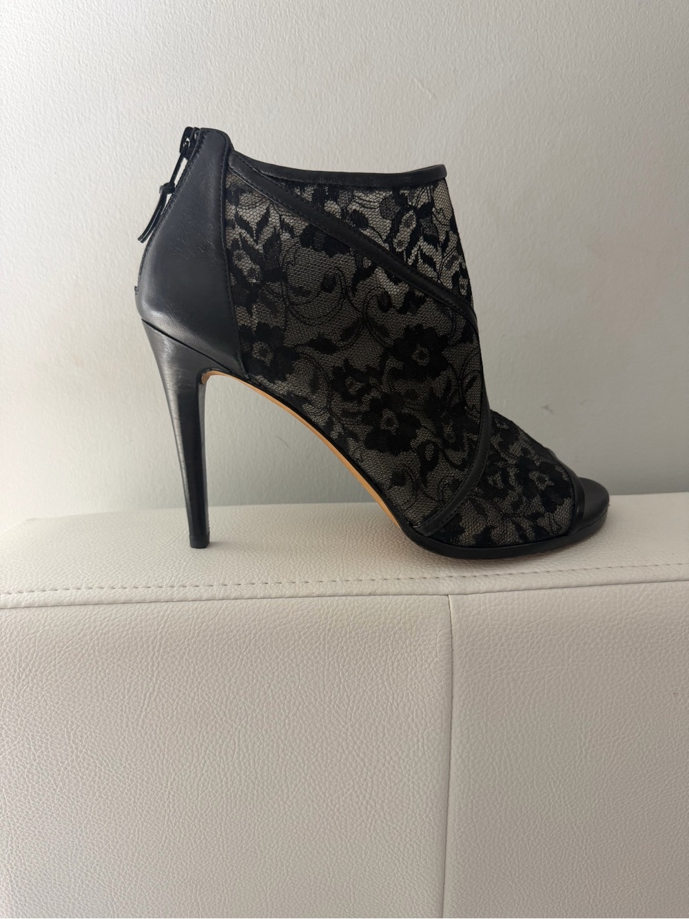 Stuart Weitzman Black Lace Peep-Toe Stiletto Booties NWOB 9.5